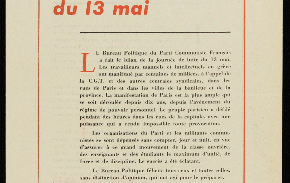 Tract : "Après la journée de lutte du 13 mai, le bureau politique du Parti Communiste Français a fait le bilan de la journée de lutte du 13 mai...".