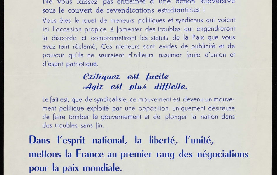 Tract : "Jeunes! Ne vous laissez pas entraîner à une action subversive sous le couvert de revendications estudiantines !...".