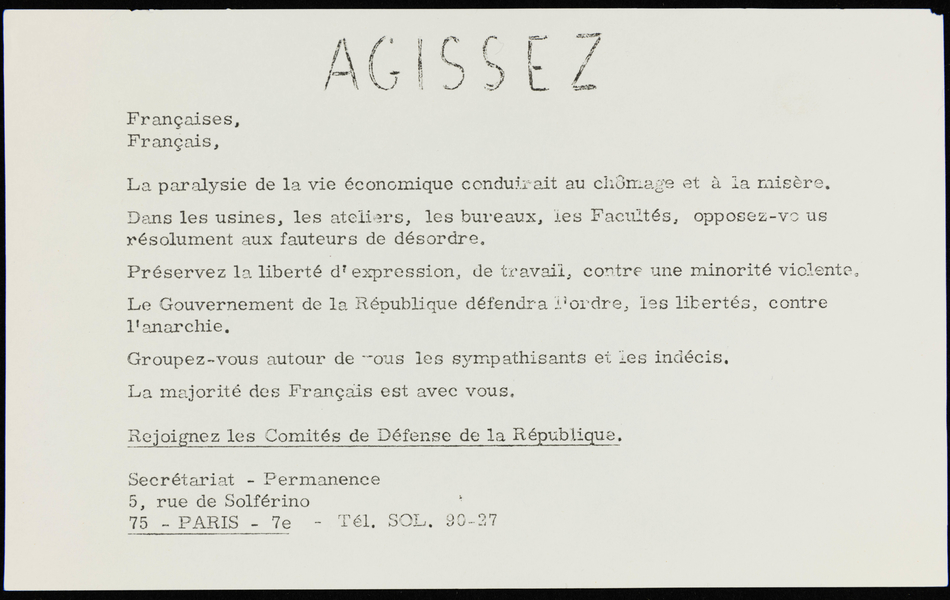 Tract : "Agissez. Françaises, Français, La paralysie de la vie économique conduirait au chômage et à la misère...".