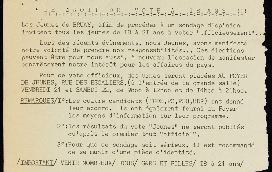 Tract : "Le droit de vote à 18 ans!!! Les jeunes de Bruay, afin de procéder à un sondage d'opinion invitent tous les jeunes...".