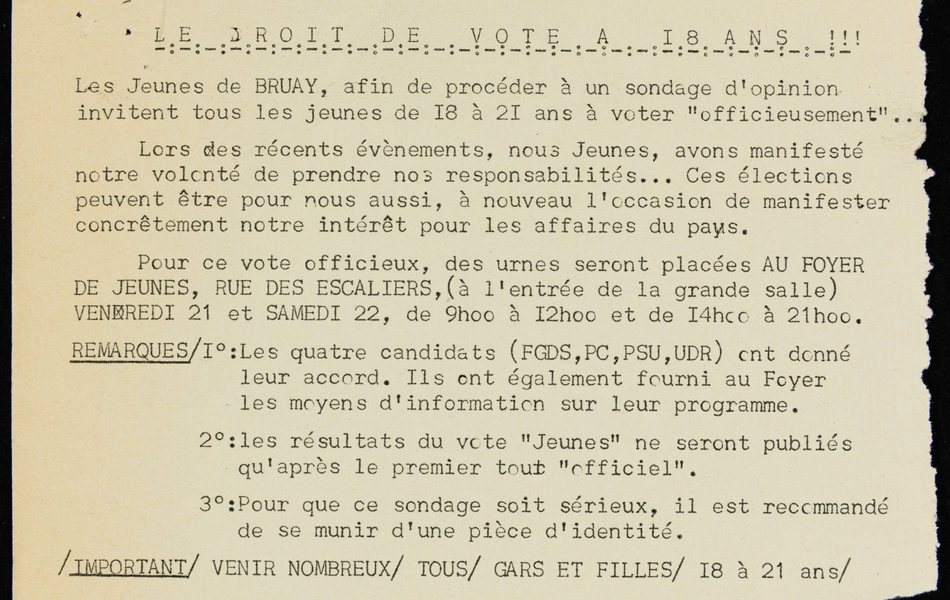 Tract : "Le droit de vote à 18 ans!!! Les jeunes de Bruay, afin de procéder à un sondage d'opinion invitent tous les jeunes...".