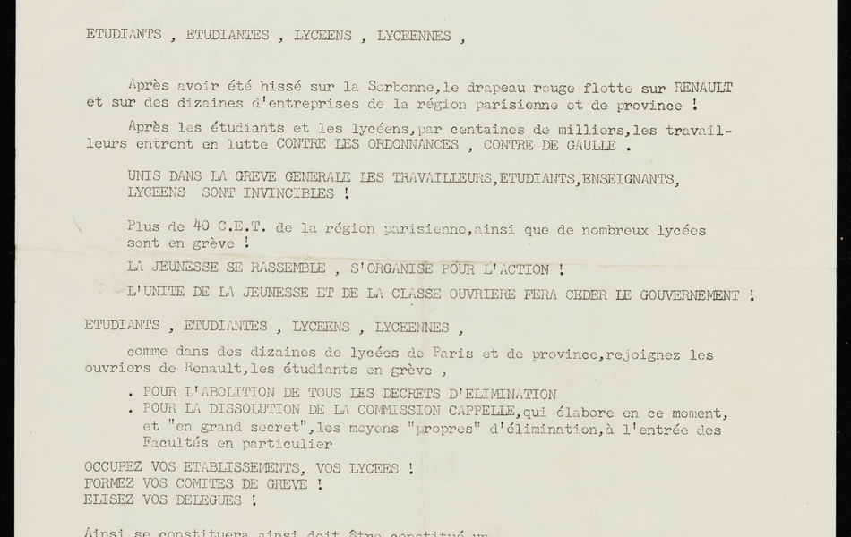 Tract : "Révoltes. Fédération des étudiants révolutionnaires. "La jeunesse est la flamme de la révolution prolétarienne" Karl Liebknecht...".