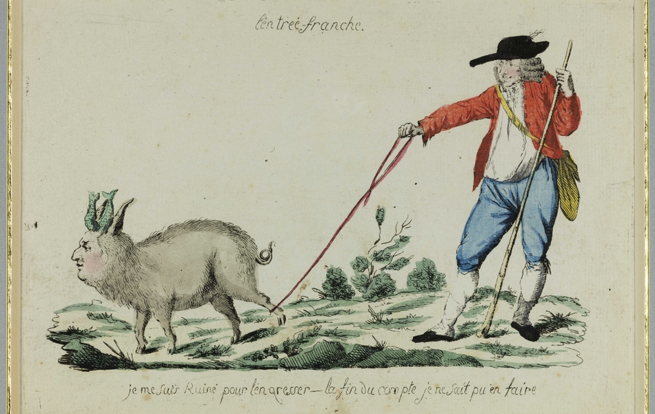 A gauche, un cochon avec le visage de Louis XVI est retenu par la patte arrière gauche par une corde que tient un paysan debout à droite. la gravure est légendée de l'inscription suivante : "je me suis ruiné pour l'engresser - la fin du compte je ne sait pu en faire".