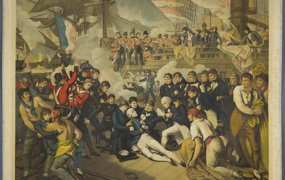 Mortellement blessé, le vice-amiral britannique Nelson est représenté allongé sur le pont de son navire entouré de ses hommes.