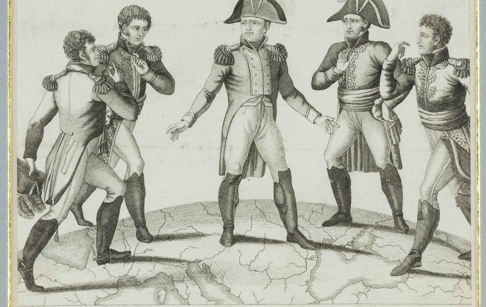 La gravure représente Napoléon, les pieds posés sur le centre de l’Europe, entouré de ses quatre frères et beau-frère.