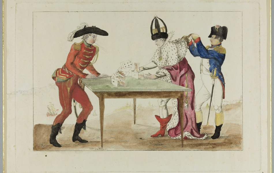 A une table, Napoléon en uniforme militaire, tire à droite les ficelles de son pantin réalisant des châteaux de cartes. Mais à gauche, un Anglais se baisse sur la table et souffle les cartes le faisant s'écrouler.