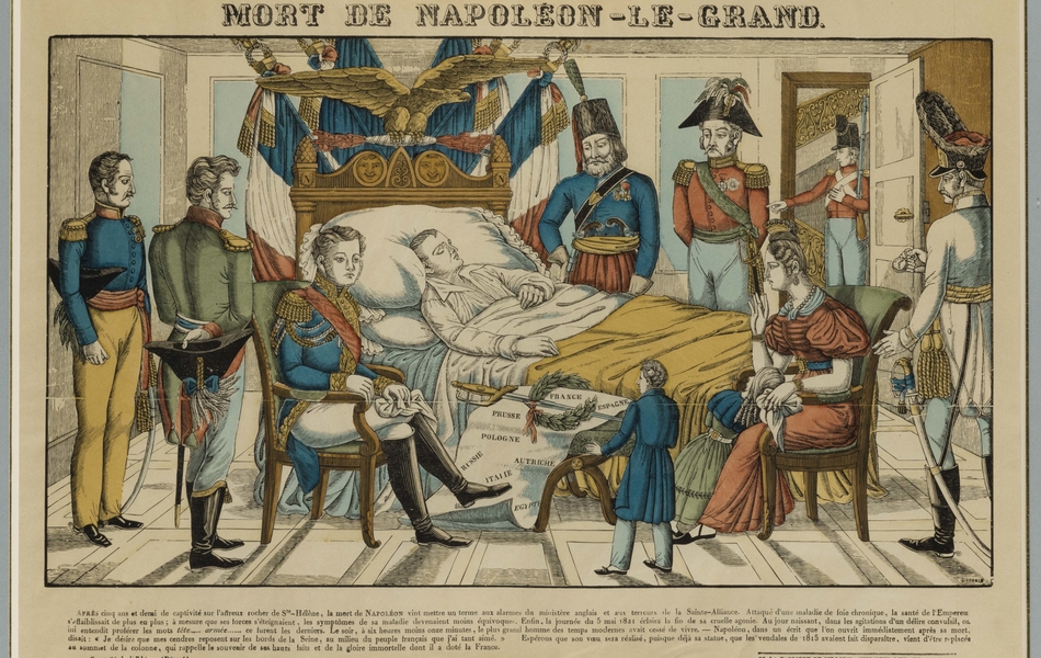 La gravure montre Napoléon tout juste mort, non pas dans sa simple chambre, ses compagnons à ses côtés mais entouré de tout ce qui a fait sa renommée. La tête de lit est surmontée d’un aigle impérial et de drapeaux français. Sur une table à côté du lit, est posée une carte où sont répertoriées ses conquêtes.