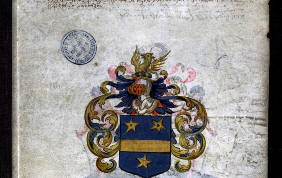 Document manuscrit composé d'un texte et d'un dessin (blason surmonté d'un heaume, le tout en couleur)