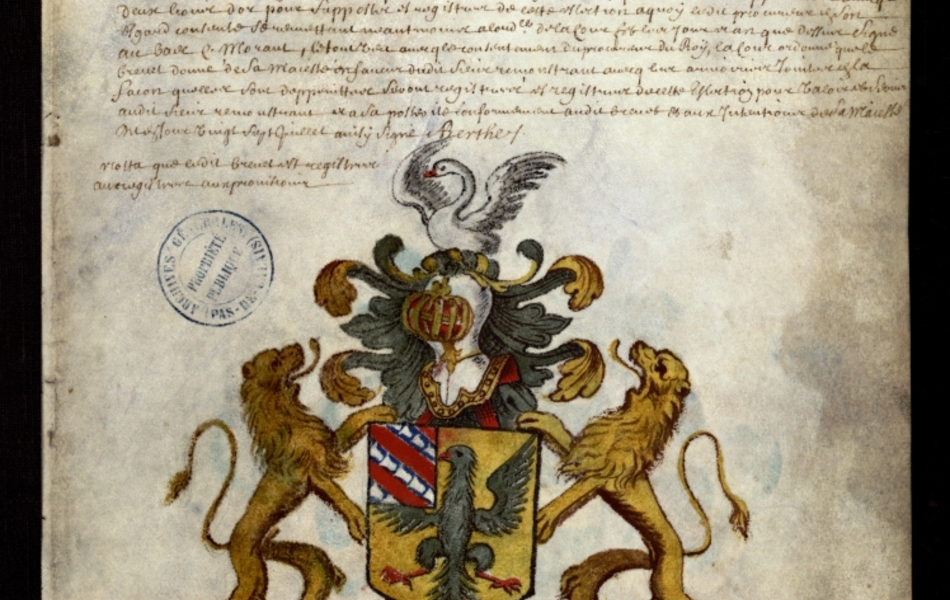 Document manuscrit composé d'un texte et d'un dessin (blason surmonté d'un heaume, entouré de deux lions, le tout en couleur)