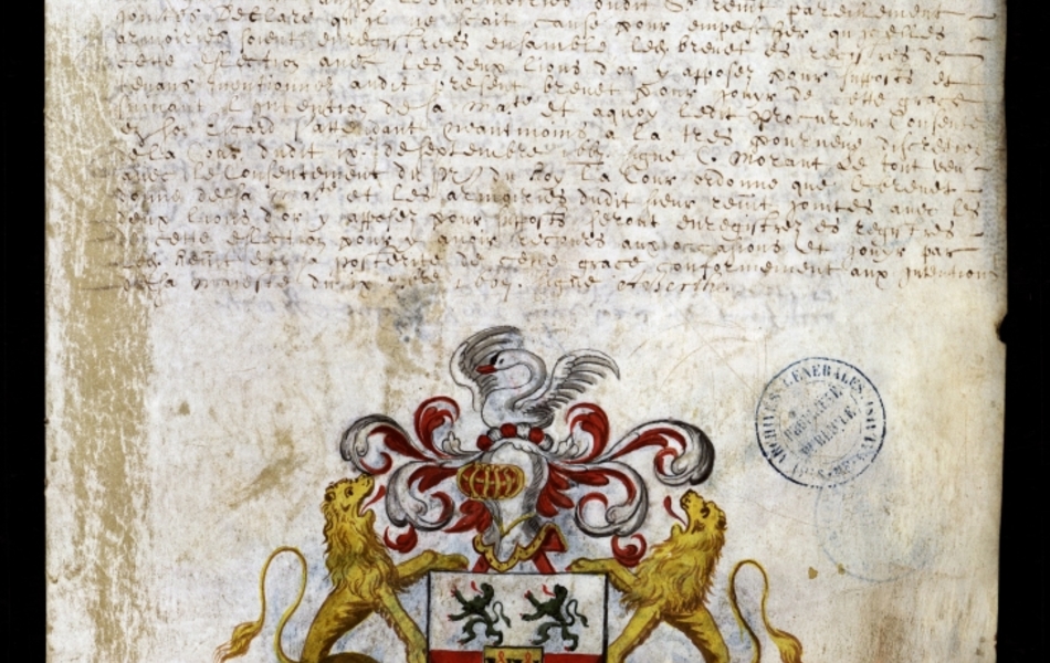 Document manuscrit composé d'un texte et d'un dessin (blason surmonté d'un heaume, entouré de deux lions, le tout en couleur)