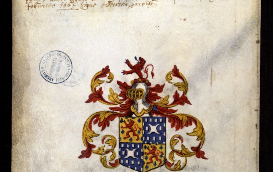 Document manuscrit composé d'un texte et d'un dessin (blason surmonté d'un heaume, le tout en couleur)