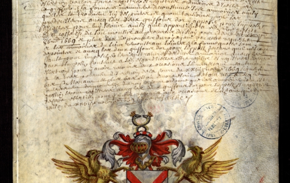 Document manuscrit composé d'un texte et d'un dessin (blason surmonté d'un heaume, entouré de deux griffons, le tout en couleur)