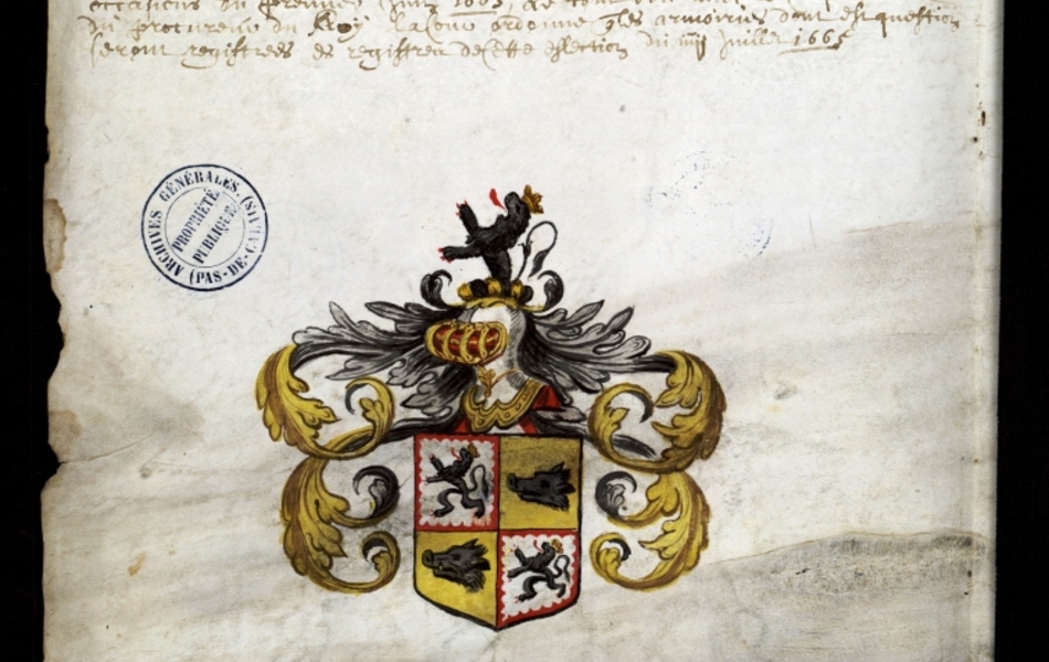 Document manuscrit composé d'un texte et d'un dessin (blason surmonté d'un heaume, le tout en couleur)