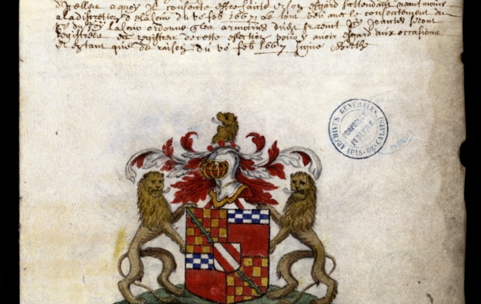 Document manuscrit composé d'un texte et d'un dessin (blason surmonté d'un heaume, entouré de deux lions, le tout en couleur)