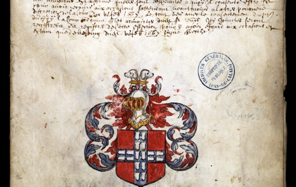 Document manuscrit composé d'un texte et d'un dessin (blason surmonté d'un heaume, le tout en couleur)