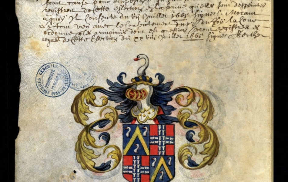 Document manuscrit composé d'un texte et d'un dessin (blason surmonté d'un heaume, le tout en couleur)