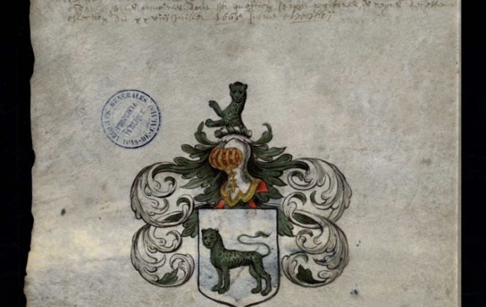 Document manuscrit composé d'un texte et d'un dessin (blason surmonté d'un heaume, le tout en couleur)