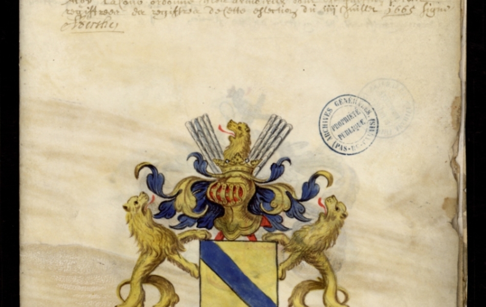 Document manuscrit composé d'un texte et d'un dessin (blason surmonté d'un heaume, entouré de deux lions, le tout en couleur)