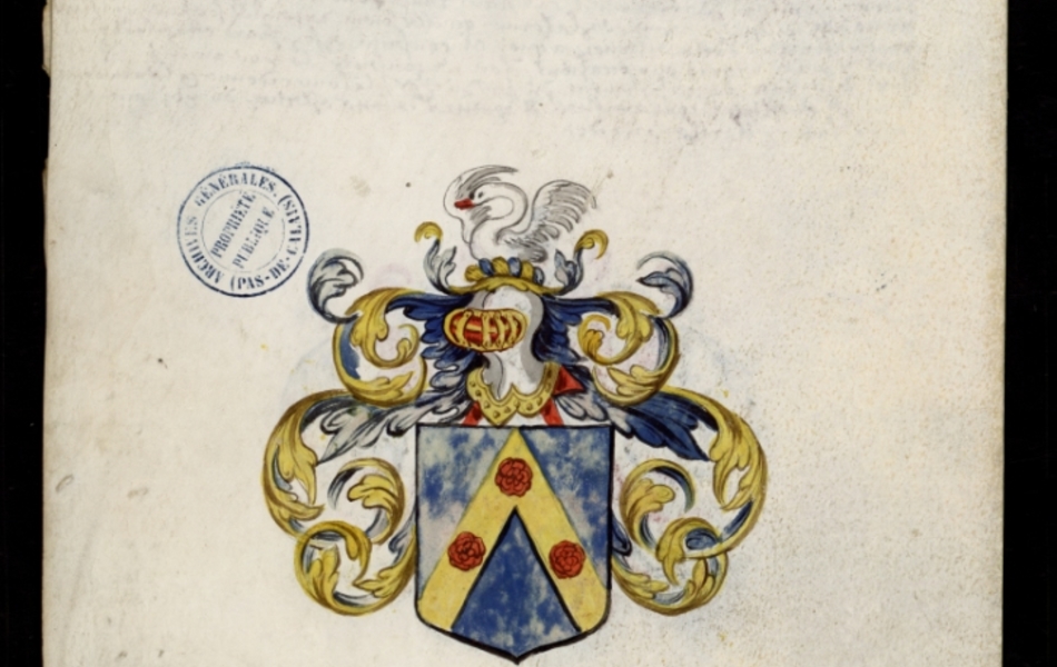 Document manuscrit composé d'un texte et d'un dessin (blason surmonté d'un heaume, le tout en couleur)