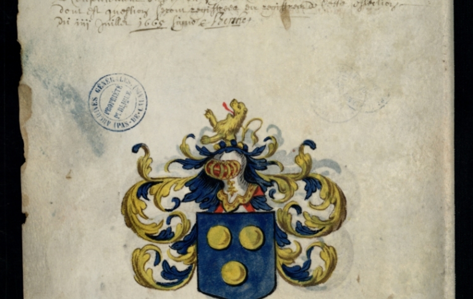 Document manuscrit composé d'un texte et d'un dessin (blason surmonté d'un heaume, le tout en couleur)