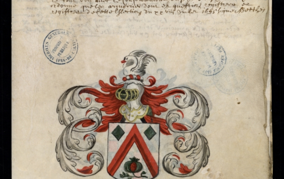 Document manuscrit composé d'un texte et d'un dessin (blason surmonté d'un heaume, le tout en couleur)