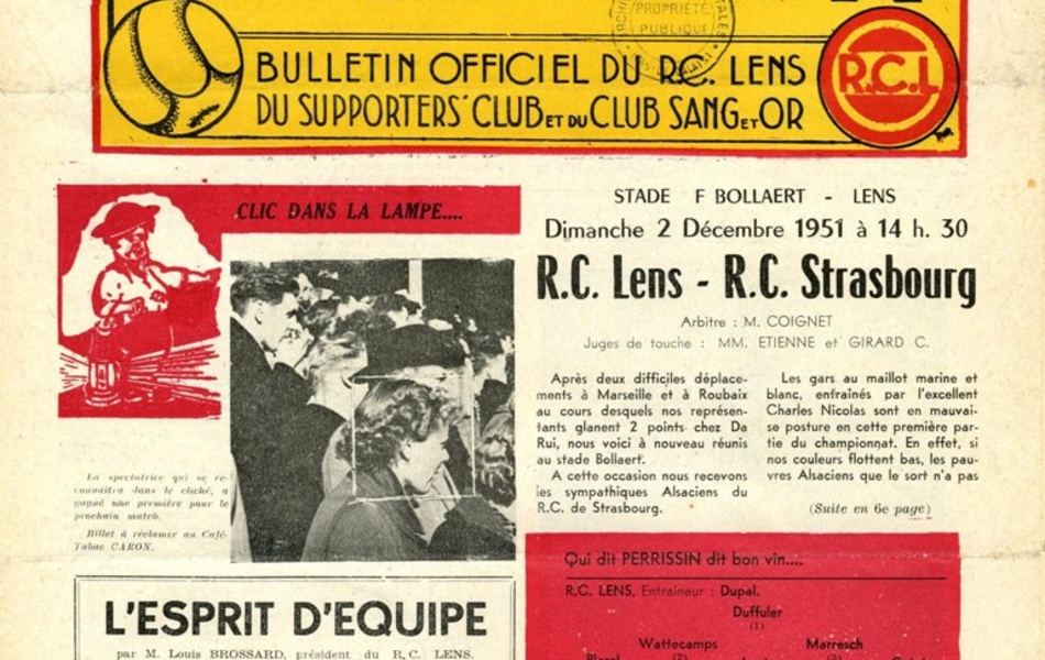 Couverture couleur (rouge et jaune). Sous la manchette, deux articles intitulés "l’Esprit d’équipe" et "R. C. Lens – R. C. Strasbourg".