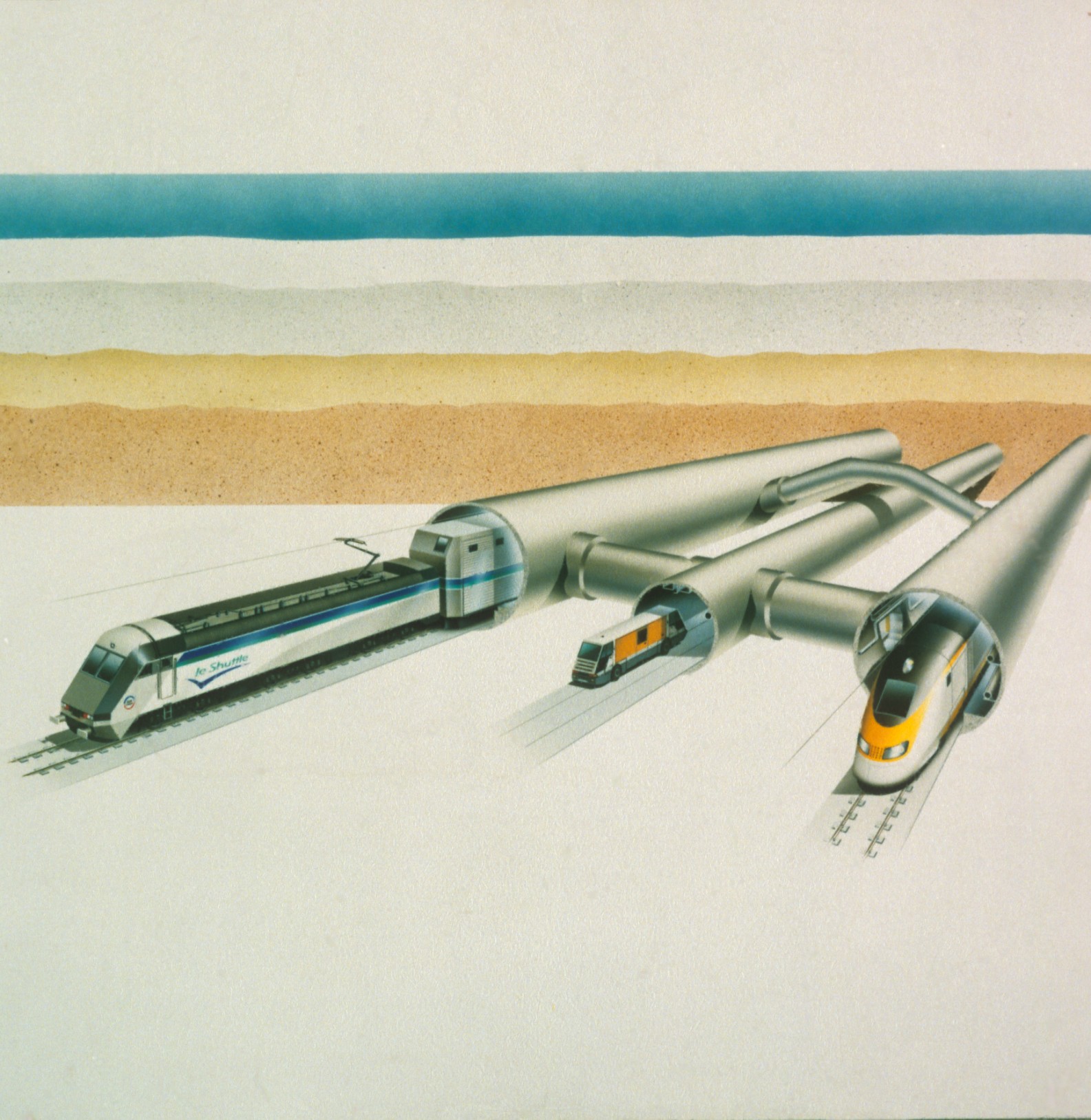 Dessin couleur montrant trois sorties de tunnel ; de deux sortent deux trains à grande vitesse, du dernier sort un minibus.