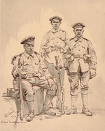 Dessin monochrome montrant trois soldats debout.