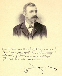 Portrait monochrome d'un homme de profil, portant moustache et bouc, en-dessous duquel on lit : "Qui ? Moi, malade ? Oh ! que nenni ! Qui ? Moi, triste ? Pas davantage ! Santé, gaîté sont mon partage : je bois du vin Mariani. G. Docquoy"