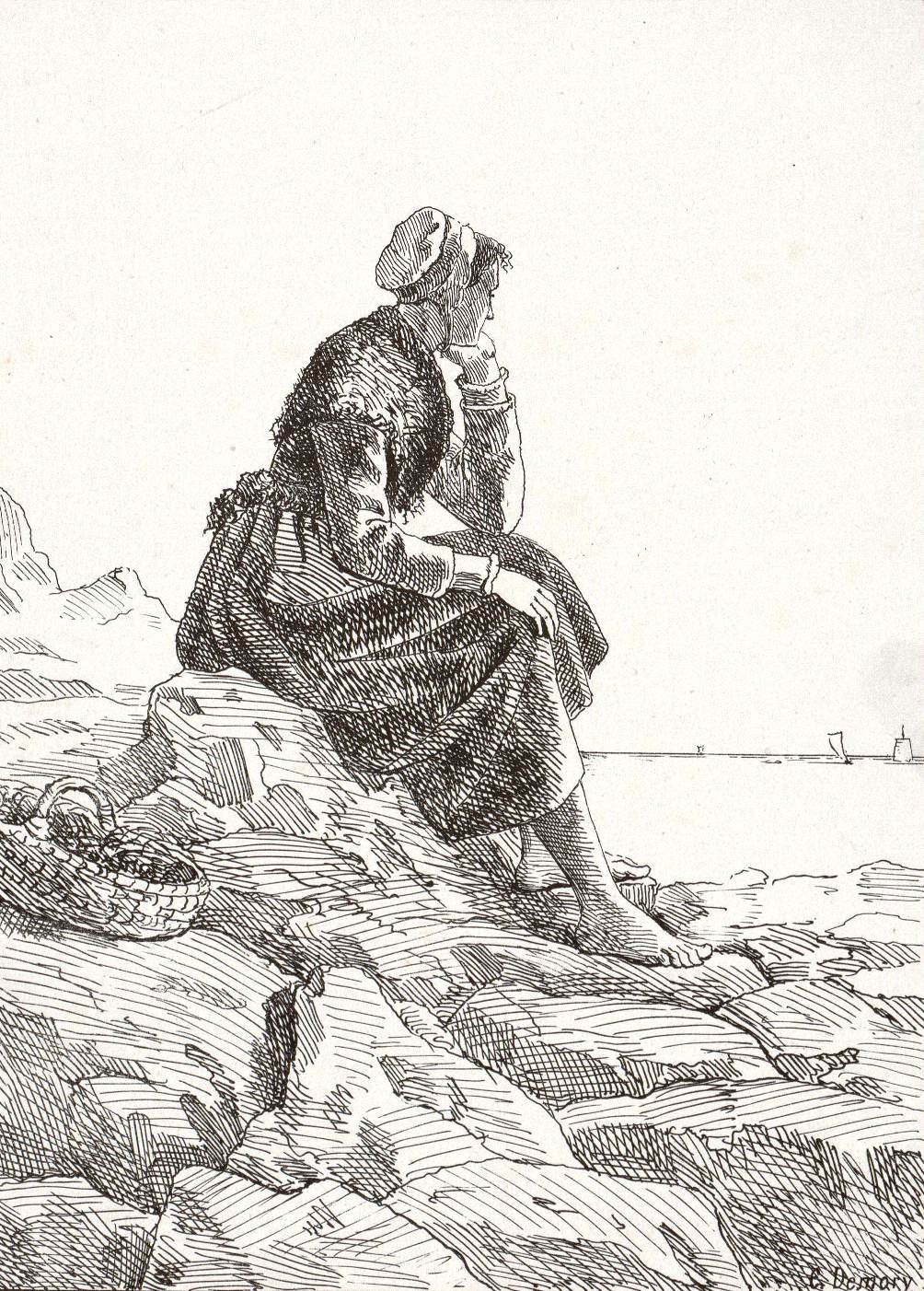 Gravure monochrome représentant une femme de pêcheur de dos, assise sur un rocher surplombant la mer et regardant l'horizon.