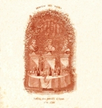 Document monochrome montrant trois bustes d'hommes dénommés Chapelle, Lafontaine et Chaulieu, dans un bosquet fleuri, en dessous desquels est représentée une table dressée de fleurs, bouteilles et verres.