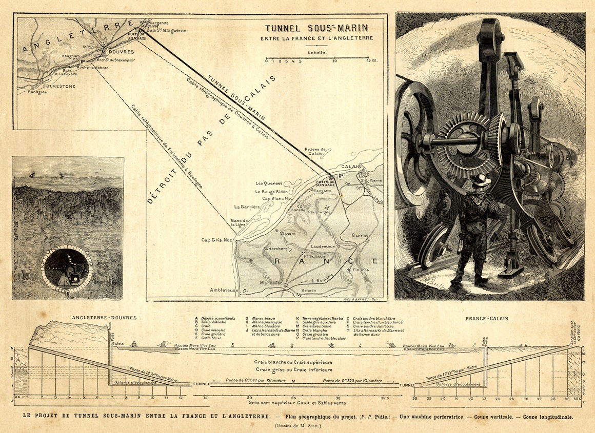 Dessin noir et blanc montrant deux coupes du projet de tunnel sous la Manche.
