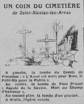 Dessin monochrome représentant des tombes surmontées de croix. En-dessous, on lit : "À gauche, la tombe du comte de Pimodan : "l'Aïeul est mort pour Dieu, le Petit-fils pour la Patrie. Au centre, la tombe de Paul Proust "député de la Savoie. Mort au champ d'honneur". Au second plan, la tombe d'un paysan. À droite, l'église ruinée".