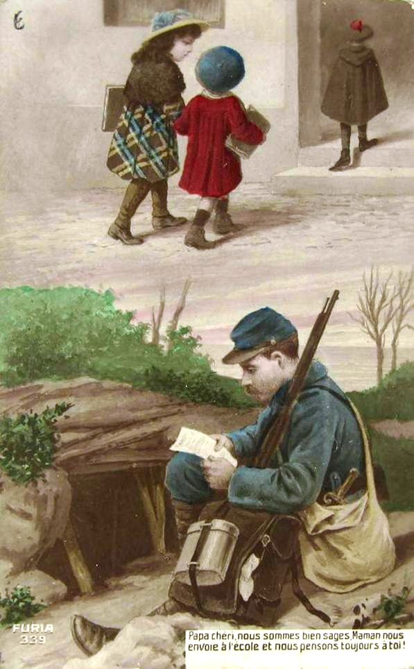 Carte postale couleur montrant un soldat assis, lisant une lettre. Au-dessus, trois écoliers entrent dans une école.