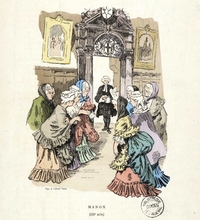 Dessin couleur montrant deux rangées de femmes saluant l'entrée d'un homme.
