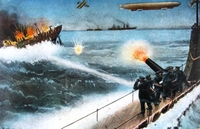 Carte postale couleur montrant un navire en train de se faire bombarder par un sous-marin.