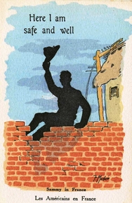 Carte postale couleur montrant l'ombre d'un homme escaladant les débris d'un mur et levant son chapeau