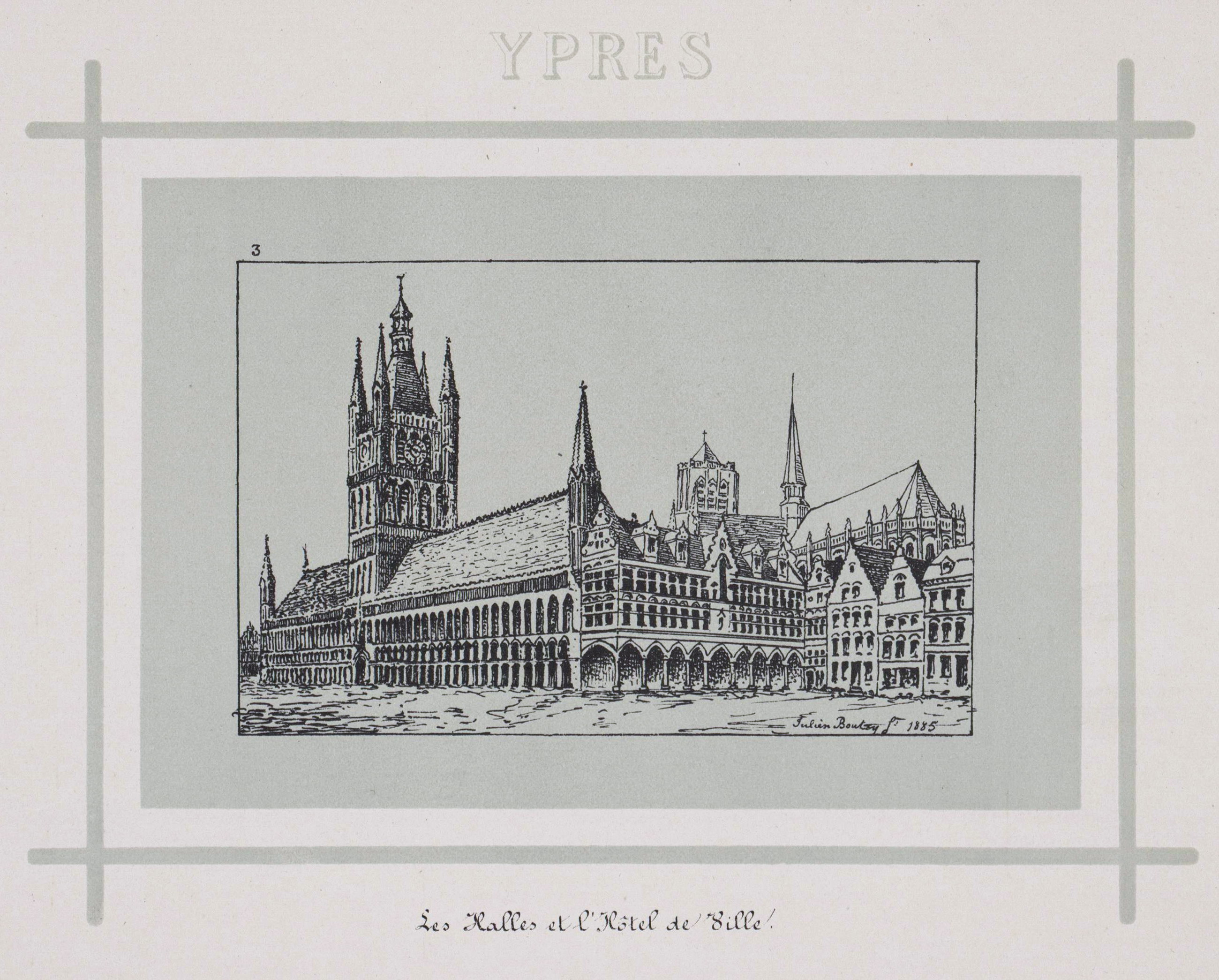 Gravure monochrome montrant un ensemble architectural composé d'une église, d'un bâtiment surmonté de voûtes et de maisons.