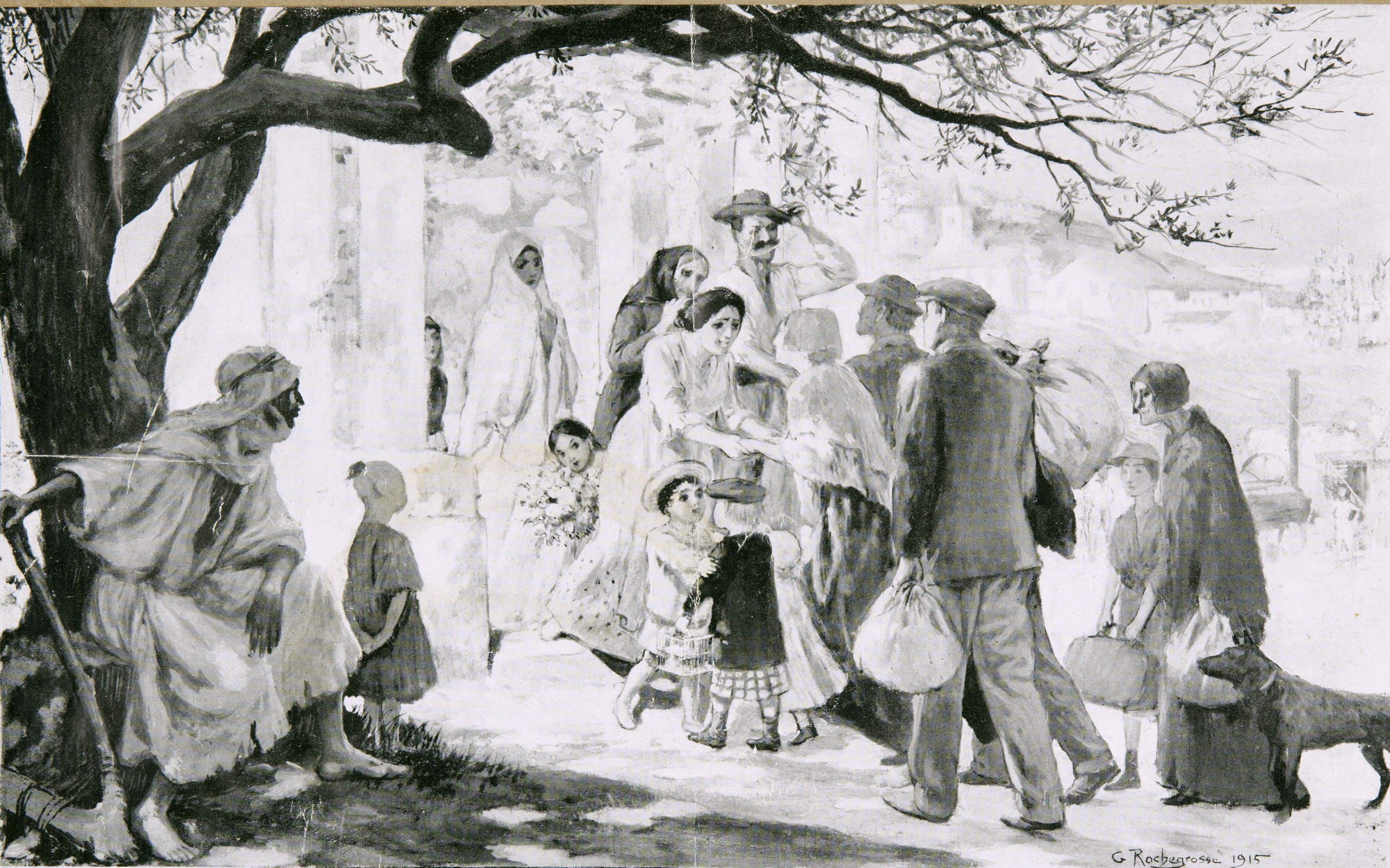 Gravure monochrome montrant un groupe de personnes accueillant les bras ouverts un autre groupe chargé de bagages.