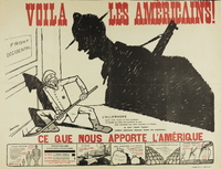 Affiche couleur montrant un soldat tapi dans un coin, apeuré par l'ombre immense d'un autre soldat coiffé d'un chapeau à larges bords.