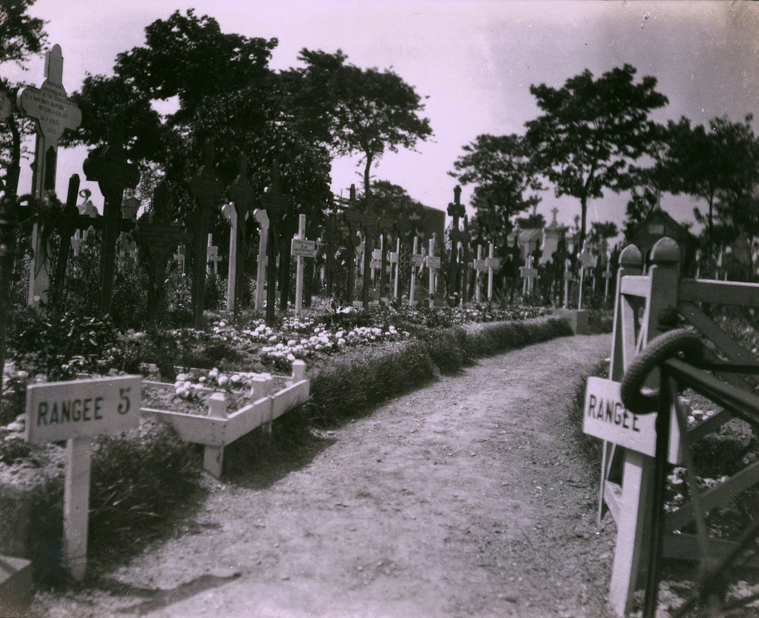 Photographie noir et blanc montrant une allée bordée de tombes fleuries.