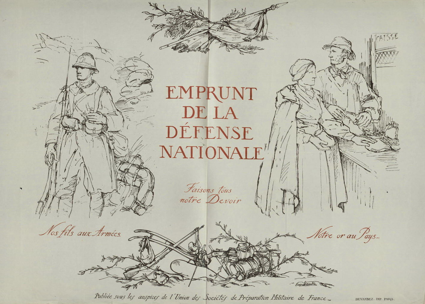 Affiche monochrome montrant un soldat d'un côté et un homme et une femme déposant des bourses d'argent de l'autre côté.