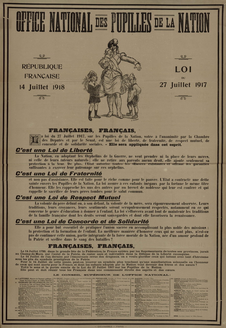Affiche monochrome énonçant le texte de la loi du 27 juillet 1917 relative au statut de pupille de la Nation, au-dessous d'un dessin représentant une femme entourée de trois enfants.