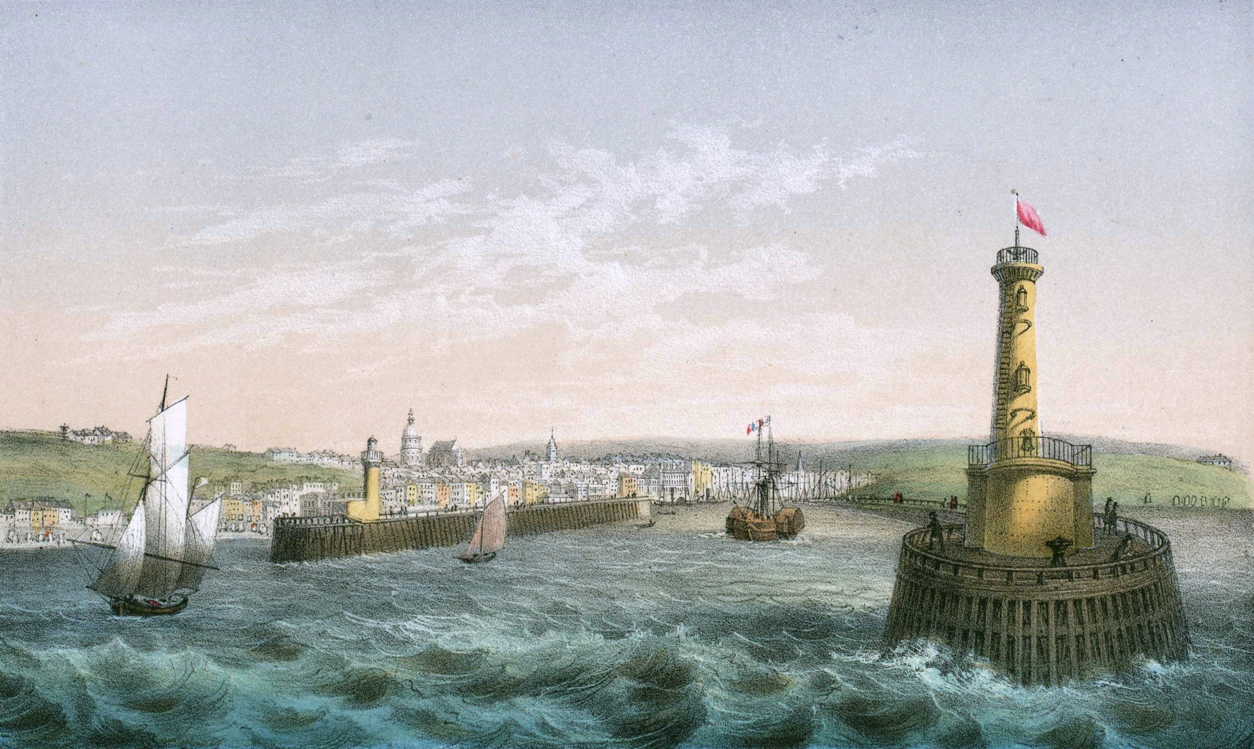 Lithographie couleur montrant l'entrée d'un port où l'on voit des bateaux.