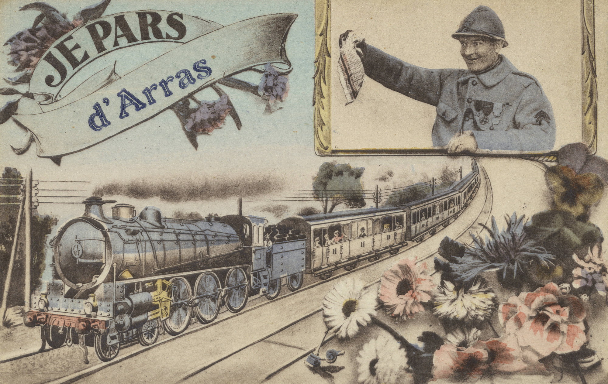 Carte postale couleur montrant un train en route chargé de voyageurs. Aux extrémités de la carte postale, un bouquet de fleurs et un soldat tenant un mouchoir, à côté de l'inscription suivante : "Je pars d'Arras".