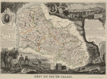 Carte illustrée du Pas-de-Calais litographiée affichant le découpage administratif du Département.
