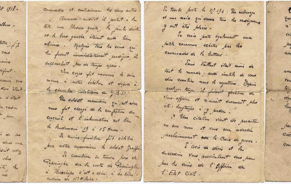 Lettre manuscrite sur laquelle on lit : "Le 3 juillet 1918. Monsieur et Madame Delbarre, Je viens de recevoir votre lettre ; j'y fait immédiatement réponse et vous donnes des détails sur les derniers moments de notre regretté défunt. C'était le 18 juin dernier vers 11 heures du matin. Notre batterie était violemment bombardée ; chacun s'était réfugié dans des abris qui en raison du voisinage de l'eau sont peu solides en cette région. Louis Vaillant et quatre de ses camarades s'étaient blottis dans une tranchée couverte qui paraissait assez solide quand un malheureux obus tomba tout à fait à proximité, le blessa mortellement, tua [deux] de ses camarades et contusionna les deux autres. Ramassé aussitôt il portait à la tête une blessure grave, la jambe droite et le bras gauche étaient aussi bien abîmés. Malgrés tous les soins qui lui furent immédiatement prodigués, il succombait peu de temps après. Son corps fut emmené le soir même à notre échelon et déposé à la chambre mortuaire du G.B.D.  Un soldat menuisier qui est avec nous fut chargé de la confection du cerc[ue]il et l'inhumation eut lieu le lendemain 19 à 15 heures. Le service funèbre fut célébré par notre aumonier  le soldat Graffin. Le cimetière se trouve près de Poperinghe sur la route de Poperinghe à Boeschèpe c'est-à-dire à 40 kilom[ètres] environ de St Hilaire. La tombe porte le n° 194. Un entourage et une croix qui donne tous les renseignements y ont étés placés. La croix porte également une petite couronne achetée par les camarades de la batterie. Louis Vaillant était aimé de tout le monde ; aussi inutile de vous dire combien nous le regrettons. Depuis quelques temps il faisait fonction de sous-officier et n'aurait sûrement plus été longtemps à y passer. Une citation vient de paraître en son nom et vous sera adressée prochainement avec la croix de guerre. L'avis de décès et la succession vous parviendront sous peu par les soins de l'officier de l'état civil. Notre départ fut tellement précipité que malgrés toutes mes démarches je n'ai pu avoir de photographie de cette tombe. Quand je retournerais au pays et que ce sera possible, ce serait avec plaisir que je vous y conduirai. Veuillez m'excuser de la lenteur avec laquelle je vous ai écris. Que voulez-vous ! une mauvaise nouvelle se sait toujours assez vite et il est de notre devoir de la tenir cachée le plus longtemps possible. Je termines ma lettre et vous pries d'accepter en cette douloureuse circonstance mes plus sincères condoléances. Foulon".