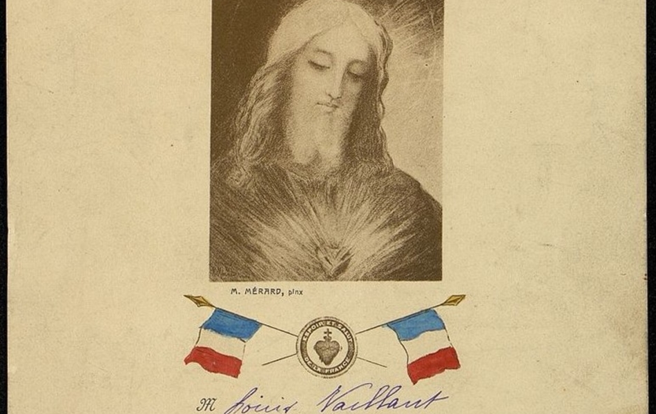 Document imprimé et complété manuscritement sur lequel on lit : "Cœur de Jésus, espoir et salut de la France ! (200 jours d'Ind.). Monsieur Louis Vaillant a été reçu membre de la Garde du Sacré-Cœur au Front le 26 juillet 1916". Au centre, une gravure représentant un Christ auréolé, dont le cœur irradie, avec comme légende M. Mérard pinx. En dessous, un cartouche avec un cœur surmonté d'une croix, dans lequel se croisent deux drapeaux français. 