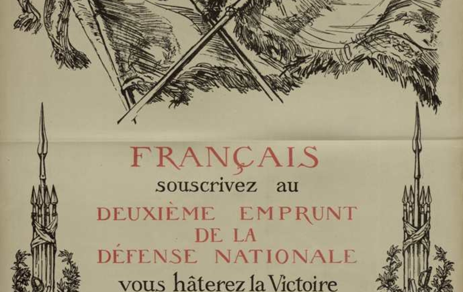 Affiche noir et blanc avec le texte au centre. En haut, des drapeaux croisés sur lesquels on lit "honneur et patrie" et sous le texte, un paysage de campagne au soleil levant, encadré de faisceaux de licteurs ceints de couronnes de lauriers.