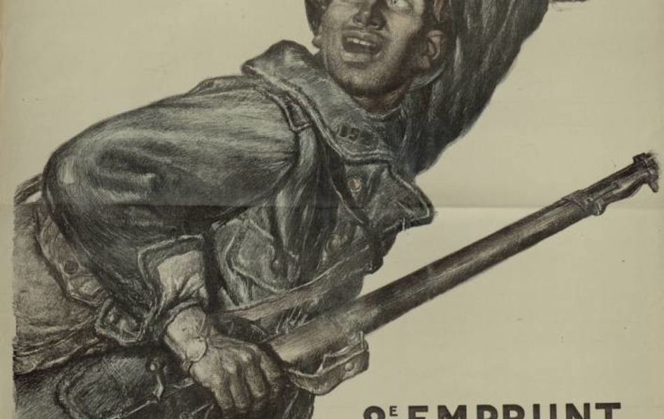 Affiche monochrome montrant un soldat s'élançant à l'assaut. Il se retourne vers l'arrière dans son élan, dresse la main au ciel et d'un air enthousiaste, semble s'exclamer "on les aura".